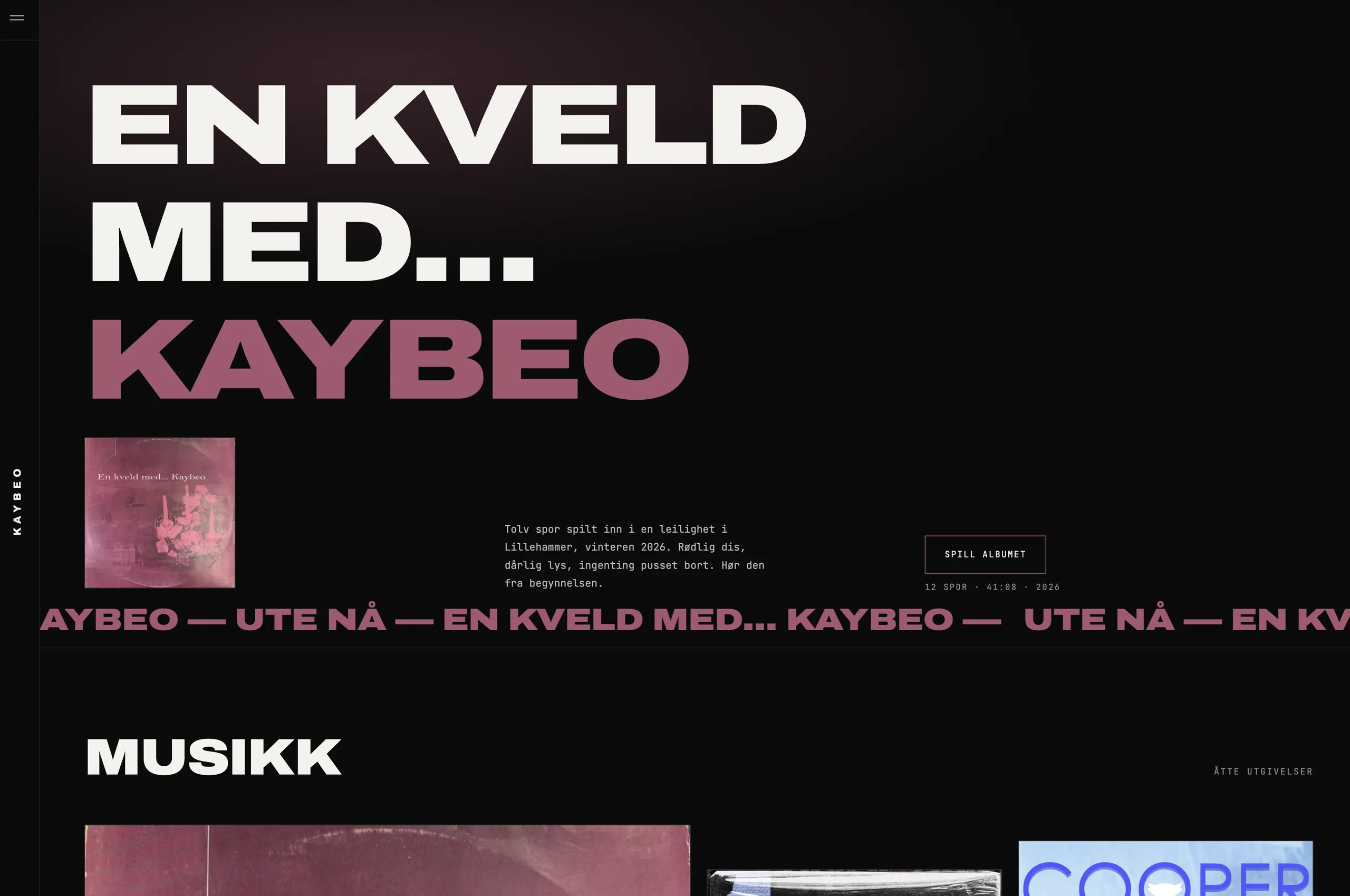 Kaybeo: Nettsiden til artisten Kaybeo, med spilleren rett på forsiden og hele diskografien samlet.